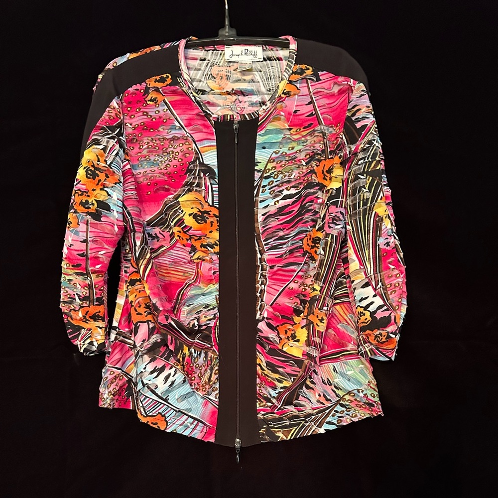Joseph Ribkoff Size 14 multicolored jacket with black trim on front snd sleeve